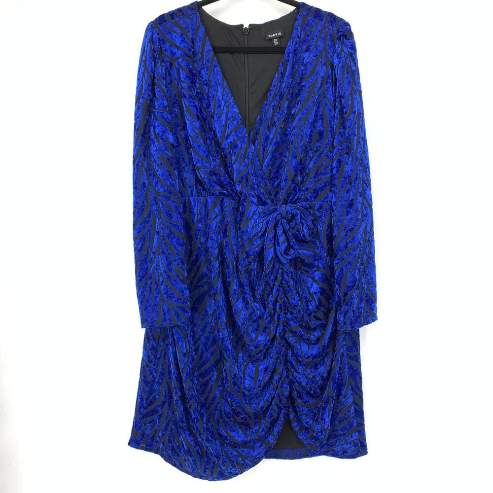 Torrid Faux Wrap Dress Womens Size 20 Blue Black Burnout Velvet Long Sleeve